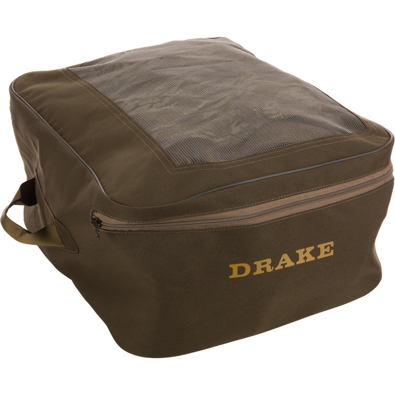 Soft-sided, olive-green travel pouch with mesh top, zippered closure, and side handles, featuring DRAKE branding, for BMF1600 Kevlar Wader with Primaloft.