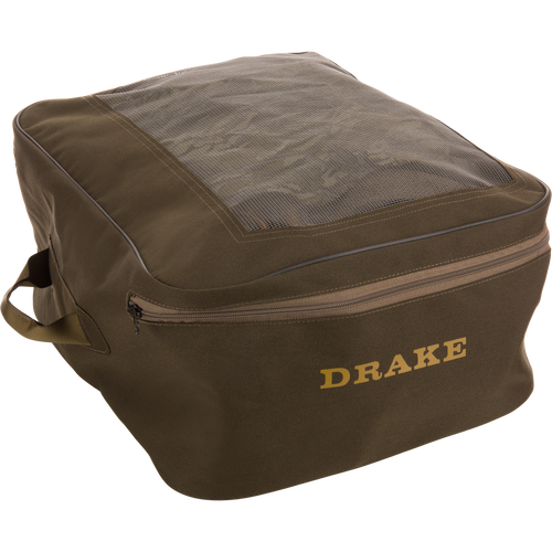 Soft-sided, olive-green travel pouch with mesh top, zippered closure, and side handles, featuring DRAKE branding, for BMF1600 Kevlar Wader with Primaloft.