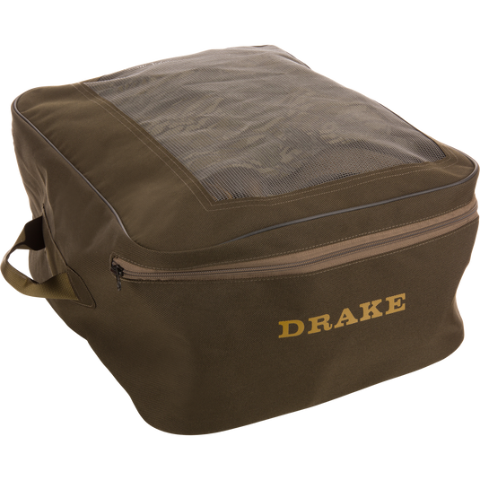 Soft-sided, olive-green travel pouch with mesh top, zippered closure, and side handles, featuring DRAKE branding, for BMF1600 Kevlar Wader with Primaloft.