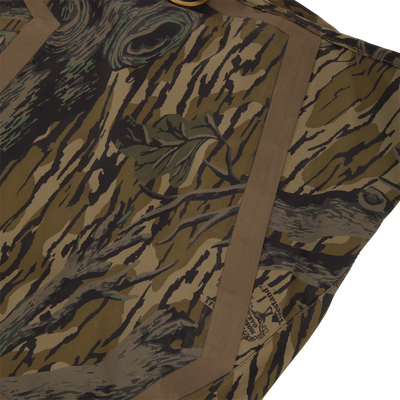 BMF1600 Kevlar Wader with Primaloft, showcasing tiger-stripe camo-patterned fabric, tan binding, and metal ring, designed for superior durability and water resistance.