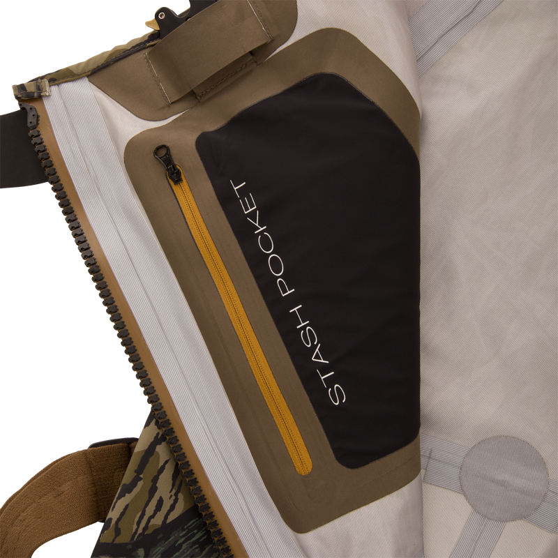 BMF1600 Kevlar Wader with Primaloft features an olive and black panel with a STASH POCKET, mustard-yellow zipper, and camo strap, highlighting advanced durability.