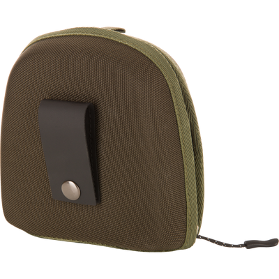 Compact olive-green canvas pouch with black leather belt loop and corded zipper pull, suitable for carrying small tools or accessories.