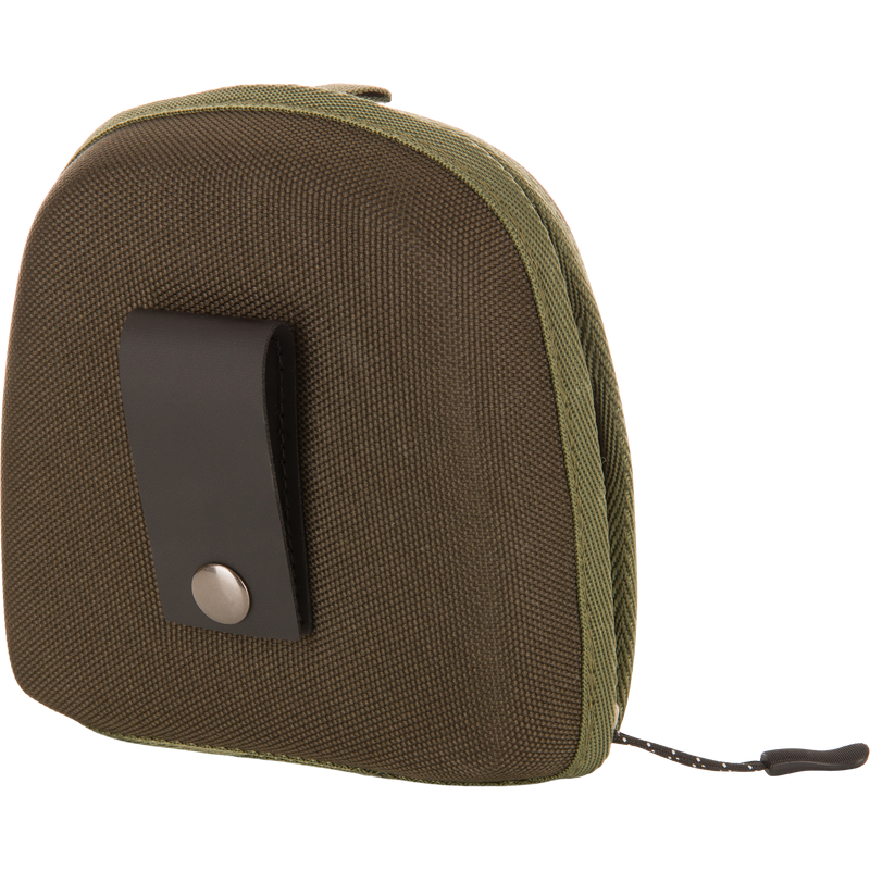 Compact olive-green canvas pouch with black leather belt loop and corded zipper pull, suitable for carrying small tools or accessories.