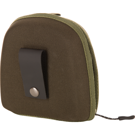 Compact olive-green canvas pouch with black leather belt loop and corded zipper pull, suitable for carrying small tools or accessories.