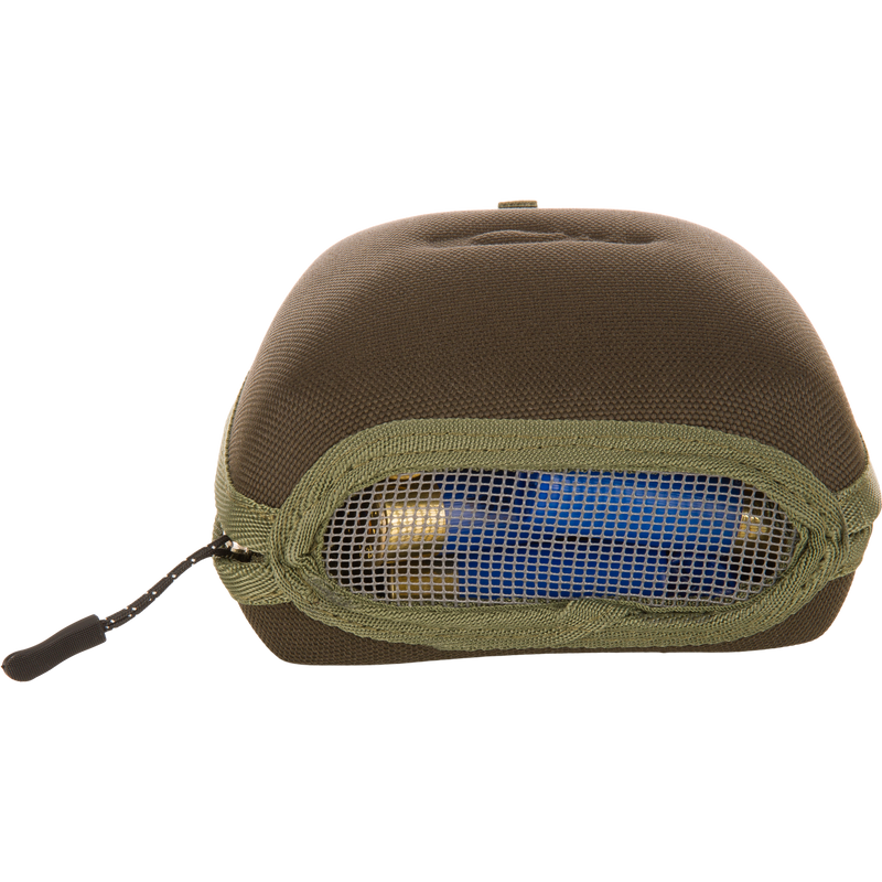 Military-style canvas pouch with mesh window revealing two battery cells inside, related to the BMF1600 Kevlar Wader with Primaloft's advanced features.