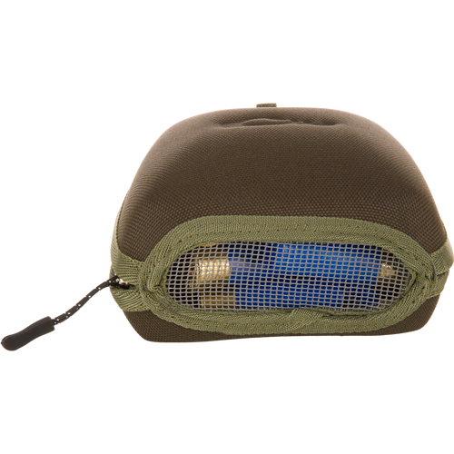 Military-style canvas pouch with mesh window revealing two battery cells inside, related to the BMF1600 Kevlar Wader with Primaloft's advanced features.