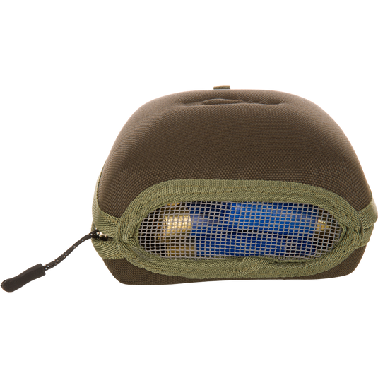 Military-style canvas pouch with mesh window revealing two battery cells inside, related to the BMF1600 Kevlar Wader with Primaloft's advanced features.