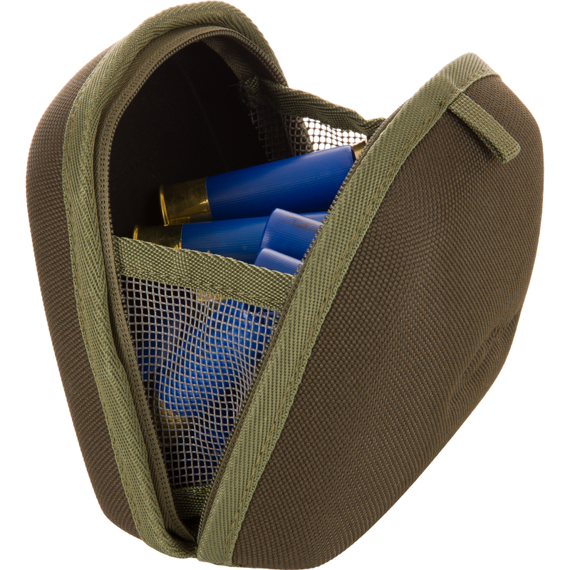 Canvas pouch with mesh inner pocket holding blue shotgun shells, related to the BMF1600 Kevlar Wader, showcasing Drake Waterfowl's advanced hunting gear.