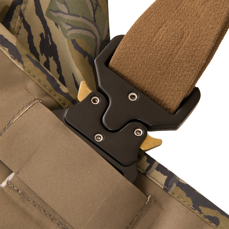 Close-up of a tactical-style belt assembly with a heavy-duty Cobra buckle on the BMF1600 Kevlar Wader, highlighting its durable, high-performance features for hunting.