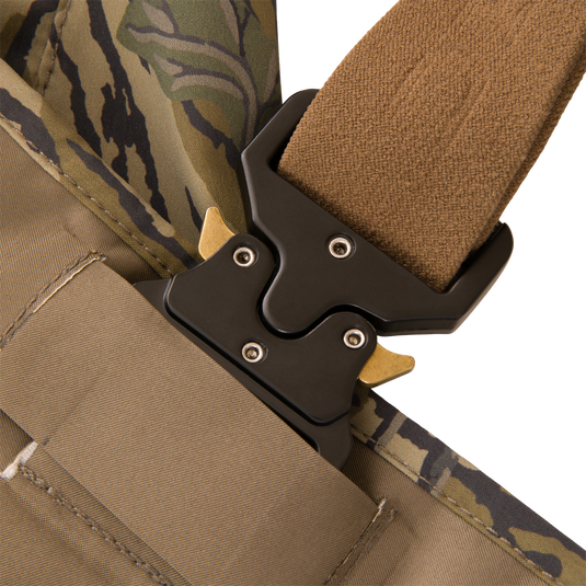 Close-up of a tactical-style belt assembly with a heavy-duty Cobra buckle on the BMF1600 Kevlar Wader, highlighting its durable, high-performance features for hunting.