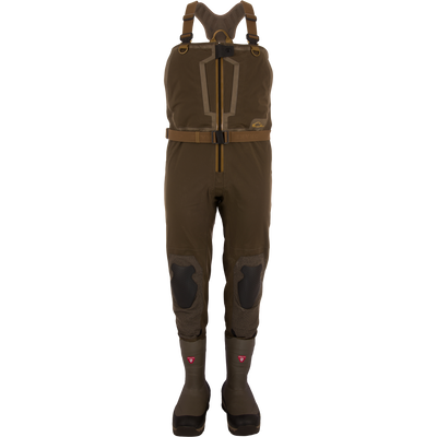 BMF1600 Kevlar Wader with Primaloft featuring chest-high design, built-in rubber boots, adjustable straps, reinforced knees, and front zipper for high performance water resistance.