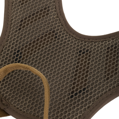 Close-up of olive green Kevlar mesh fabric with a brown elastic strap on a Drake X Ducks Unlimited BMF1600 Kevlar Wader.
