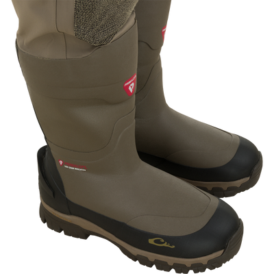 Olive green Waterfowl Drake X Ducks Unlimited BMF1600 Kevlar Wader hunting waders with reinforced black toe caps and lugged soles.