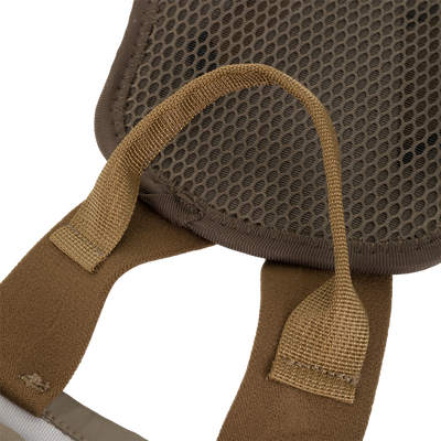 Close-up of a mesh-lined back panel with adjustable webbing shoulder straps on a Drake X Ducks Unlimited BMF1600 Kevlar Wader.