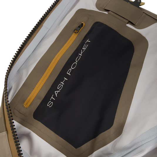 Interior of a Drake X Ducks Unlimited BMF1600 Kevlar Wader featuring a zippered Stash Pocket on a black panel.