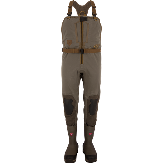 Mud brown Drake X Ducks Unlimited BMF1600 Kevlar Wader chest waders with shoulder straps, a center zipper, and reinforced knee pads.
