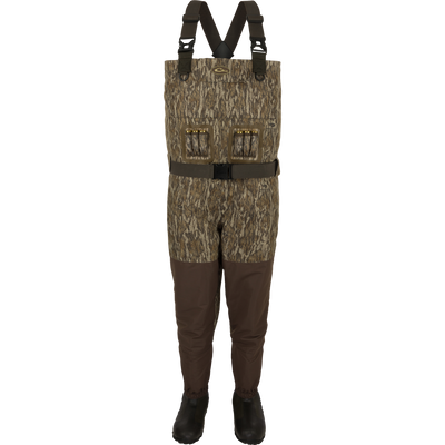 Insulated Guardian Elite Vanguard Breathable Waders - Camouflage waders. Ideal for cold conditions. Waterproof, windproof, and breathable fabric. LokDown insulation for warmth. Store gear in cargo pouch and zippered pocket.