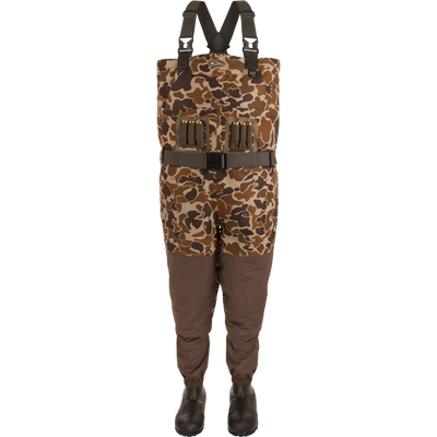 Insulated Guardian Elite Vanguard Breathable Waders with camo design, adjustable straps, external pockets with shell loops, and attached boots, ideal for waterfowl hunting or fishing.