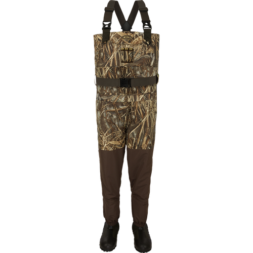Youth Insulated Guardian Elite Vanguard Breathable Waders - Realtree: A camouflage overall with straps and boots, perfect for cold conditions. Waterproof and windproof with reinforced seams and insulated liner for warmth and comfort. Features internal handwarmer pockets and front cargo pouch for storage.