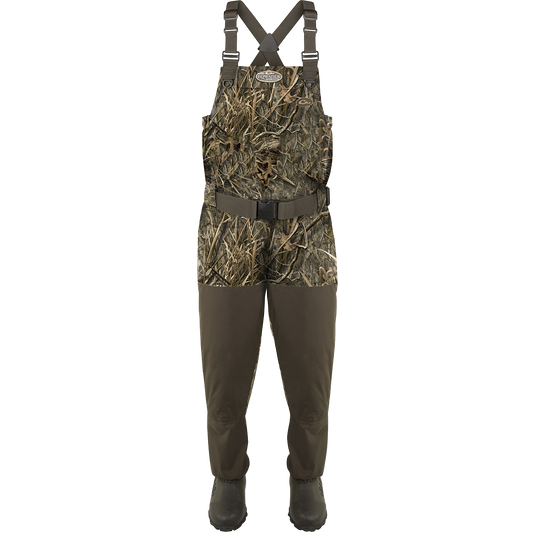 Insulated Breathable Chest Wader with Sewn-in Liner, LokDown insulation, and HD2 protection. Features Thinsulate Mud Boot, X-Crossing-Back Straps, Cargo Pouch, and Zippered Pouch. From Drake Waterfowl.