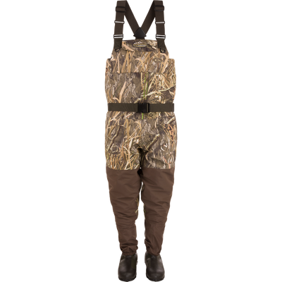 Insulated Breathable Chest Wader with Sewn-in Liner featuring camouflage overalls, no-buckle shoulder straps, front cargo pouch, and mud boots for versatile hunting protection.