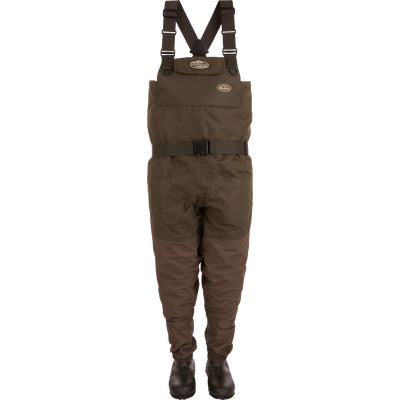 Insulated Breathable Chest Wader with Sewn-in Liner featuring no-buckle X-Crossing-Back Shoulder Straps, front cargo pouch, and reinforced seams for hunting durability and comfort.