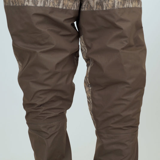 Back-side of wader pant. Insulated Breathable Chest Wader with Sewn-in Liner for hunters by Drake Waterfowl. Waterproof, warm LokDown insulation, HD2 protection, and durable design for all-season hunting.