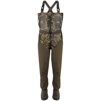 Guardian Elite Front Zip Insulated Wader with camo pattern, adjustable suspenders, zippered chest pockets, and integrated waterproof booties, ideal for hunting and fishing.