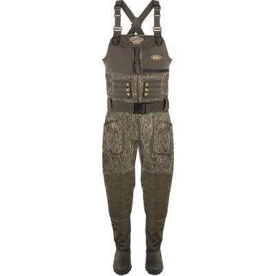 Close-up of the Buckshot Eqwader 1600 Neoprene Wader 3.0 featuring waterproof seams, Hydro-Flex knee pads, and Buckshot Mud boots.