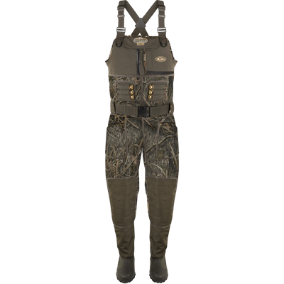 Buckshot Eqwader 1600 Neoprene Wader 3.0 displayed with camouflage overalls, emphasizing its durable construction and comprehensive seam protection for waterfowl hunting.