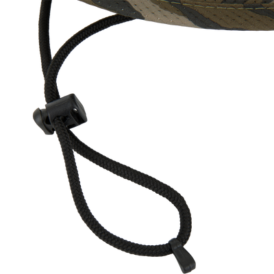 Close-up of the Drake Shoreline Boonie Hat's black braided adjustable drawcord with a toggle, designed for secure fit and comfort during outdoor activities.
