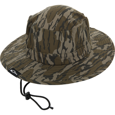 Drake Shoreline Boonie Hat featuring a camouflage pattern, wide brim, and adjustable chin cord, designed for breathability, sun protection, and odor control.