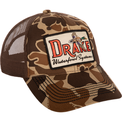 A foam front ball cap with a square patch.