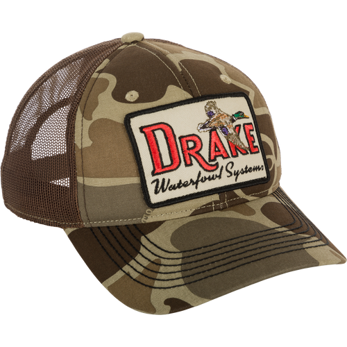 Square Patch Foam Front Ball Cap with camouflage pattern and logo. Breathable foam front and adjustable straps for a perfect fit.