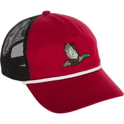 Retro Duck Patch Cap featuring a colorful duck embroidery, a slight pre-curved visor with roping, and an adjustable snap back closure for a customizable fit.