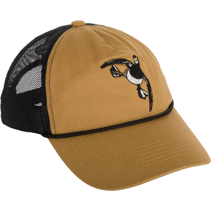 A brown and black Retro Duck Patch Cap with a cartoon duck patch and mesh back panels.