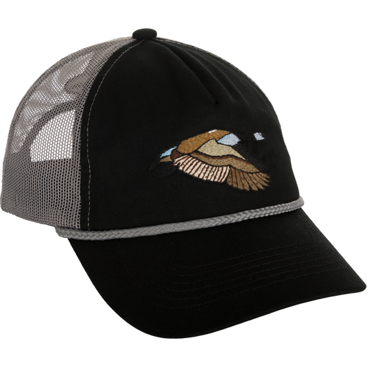Retro Duck Patch Cap with bird embroidery on a black and grey hat
