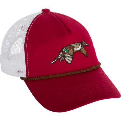 Retro Duck Patch Cap with red and white hat featuring a duck embroidery, perfect for casual occasions.