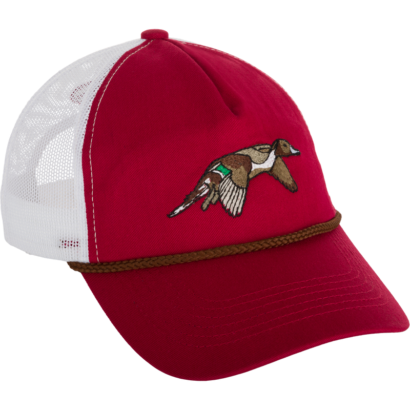 Retro Duck Patch Cap with red and white hat featuring a duck embroidery, perfect for casual occasions.