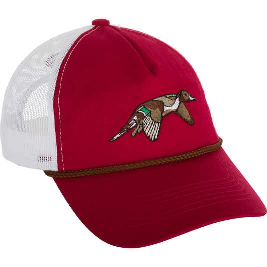 Retro Duck Patch Cap with red and white hat featuring a duck embroidery, perfect for casual occasions.