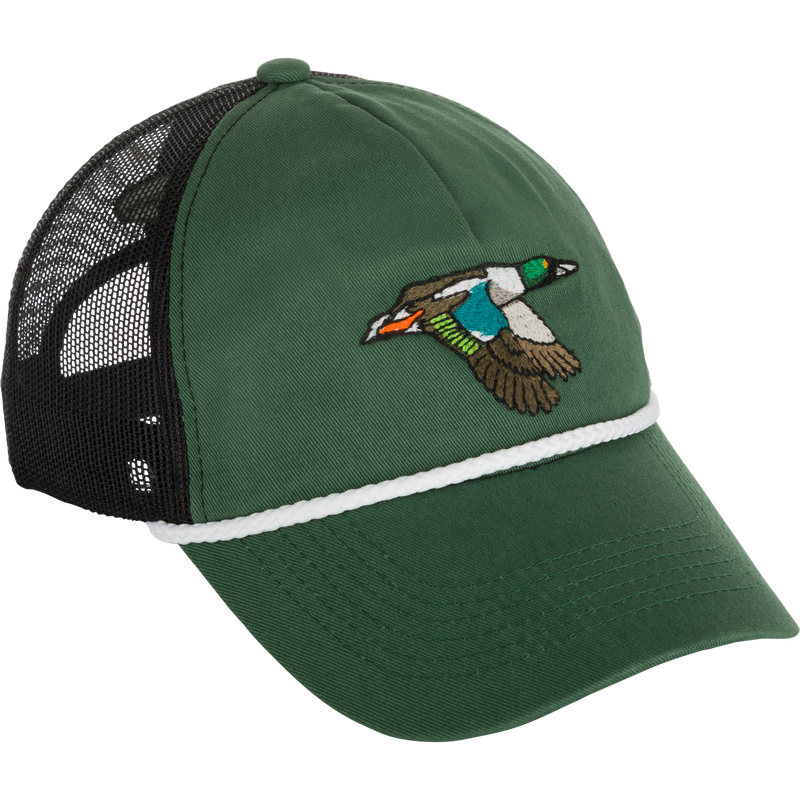 A green hat with a bird embroidery, featuring a Retro Duck Patch Cap design by Drake Waterfowl.