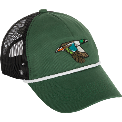 A green hat with a bird embroidery, featuring a Retro Duck Patch Cap design by Drake Waterfowl.