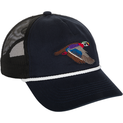 Retro Duck Patch Cap featuring colorful duck embroidery, five-panel unstructured crown, pre-curved visor with roping, and adjustable snap back closure.