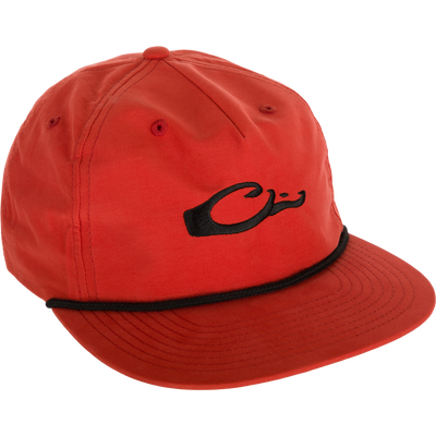Drake Logo Rope Cap, a low-profile red hat with black logo, flat bill, adjustable snap-back closure, and breathable cotton/nylon fabric for sun protection.