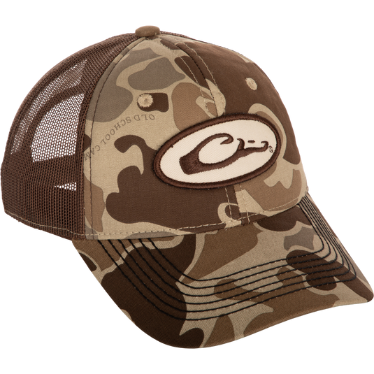 A one-size-fits-most Oval Logo Foam Front Ball Cap with a camouflage pattern and adjustable closure. Perfect for everyday wear and outdoor activities.