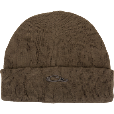 Dark brown LST Rib-Knit Stocking Cap with a folded cuff featuring an embroidered Drake logo.