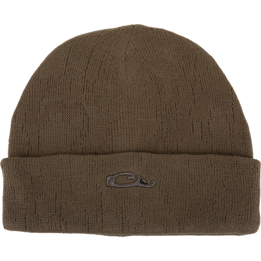 Dark brown LST Rib-Knit Stocking Cap with a folded cuff featuring an embroidered Drake logo.