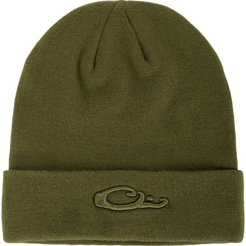 LST Rib-Knit Stocking Cap: A green beanie with an embroidered Drake 