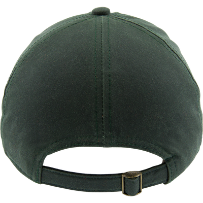 Rear view of the Box Waxed Canvas Cap, showing a six-panel design with an adjustable fabric strap and brass buckle.