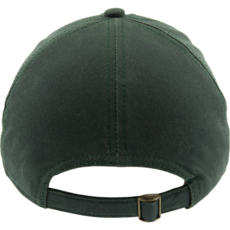 Rear view of the Box Waxed Canvas Cap, showing a six-panel design with an adjustable fabric strap and brass buckle.
